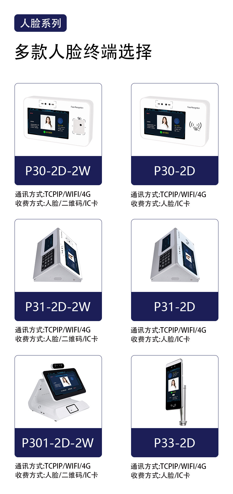 多款人臉終端，P30、P31、P301、P33，人臉二維碼IC卡收費(fèi)