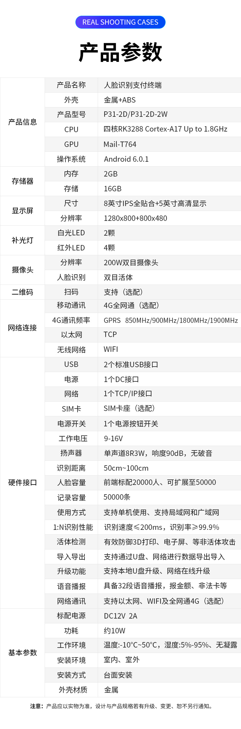 P31-2D-2W人臉識別消費(fèi)終端產(chǎn)品參數(shù)
